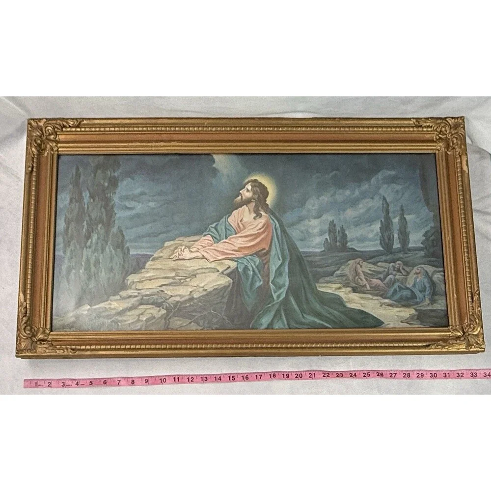 Vintage Jesus Praying Art Under Glass Ornate Gilt Wood Gold Frame Antique